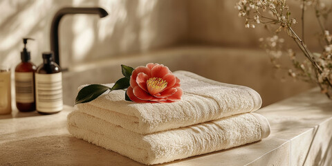 Serene bathroom scene with soft lighting features neatly folded white towels topped with pink flower, set on stone countertop. Nearby, soap dispensers and delicate flowers add to tranquil ambiance