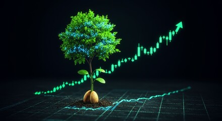 Conceptual visualization of financial growth represented by a thriving tree and an upward trending