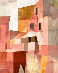 Abstract architectural composition of a deconstructed cubist building rendered in warm terracotta and ochre tones with a textured paper collage effect and fine abstract line art overlays.