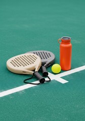 Paddle tennis essentials on a court, Paddle tennis equipment on a green court ready for a game with a water bottle