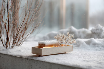 minimalist wooden box featuring nativity scene elegantly positioned against winter landscape