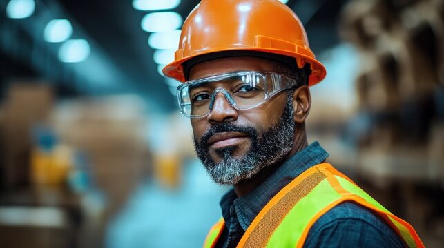 Confident male worker wearing safety helmet, glasses, and high-visibility vest in a warehouse or industrial setting with a focused expression
