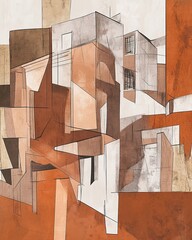 Abstract architectural composition of a deconstructed cubist building rendered in warm terracotta and ochre tones with a textured paper collage effect and fine abstract line art overlays.
