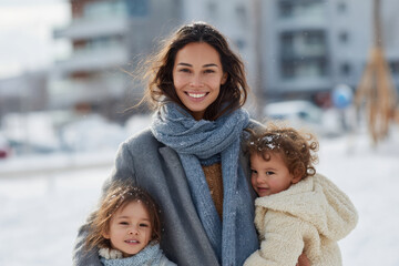 caring mother embraces her children warmly against backdrop of snowy city