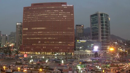 A bustling city skyline at dusk with heavy traffic