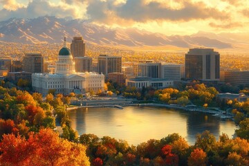 A vibrant autumn cityscape featuring a grand capitol building with a dome by a large reflective lake, surrounded by colorful fall trees and distant misty mountains under a dramatic cloudy sky