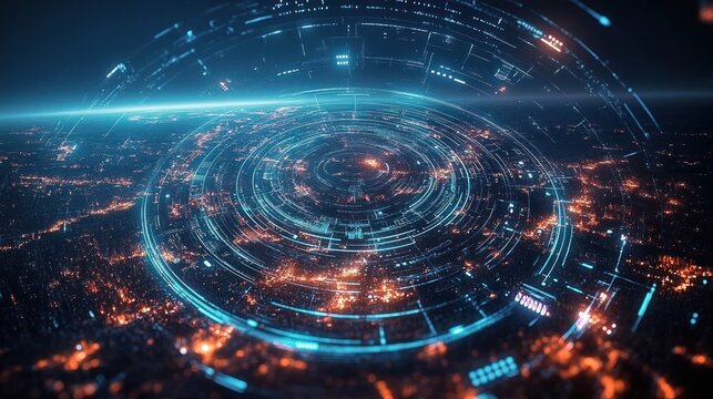 Futuristic digital interface with glowing circular holographic patterns hovering above illuminated cityscape at night, conveying advanced technology and connectivity