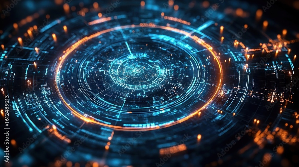 Poster futuristic digital circular interface with glowing blue and orange lights displaying intricate techn