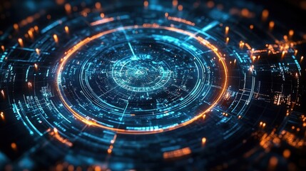 Futuristic digital circular interface with glowing blue and orange lights displaying intricate technological patterns and data points in a dark environment