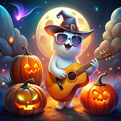 Whimsical Halloween Cat Playing Guitar with Glowing Jack-o'-Lanterns
