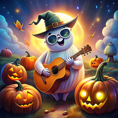 Whimsical Halloween Cat Playing Guitar with Glowing Jack-o'-Lanterns