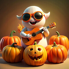 Cute Halloween Ghost Playing Guitar with Smiling Pumpkins