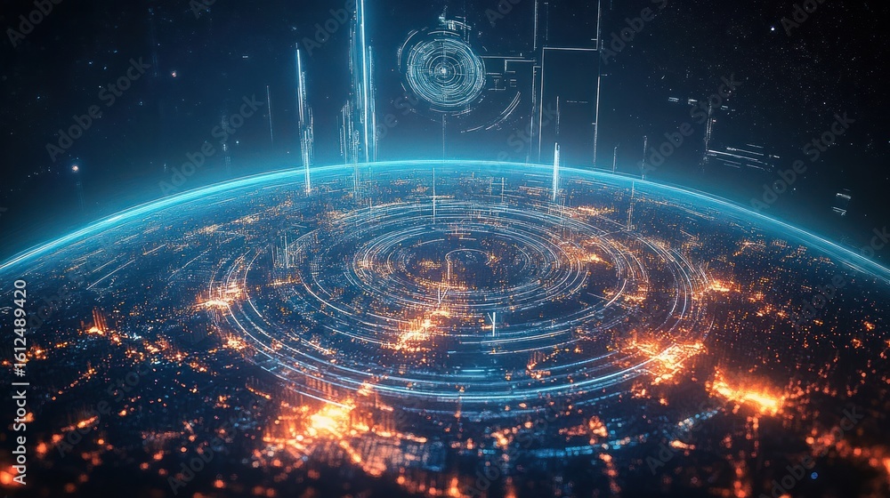 Poster Futuristic digital globe with illuminated city lights and concentric circular holographic interface suggesting advanced technology and data visualization