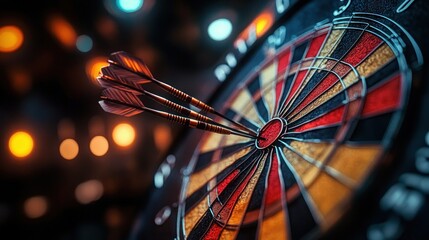 three darts striking the bullseye of a traditional dartboard with warm bokeh lights in the background conveying precision and focus