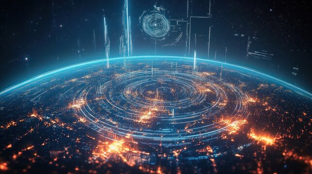 Futuristic digital globe with illuminated city lights and concentric circular holographic interface suggesting advanced technology and data visualization
