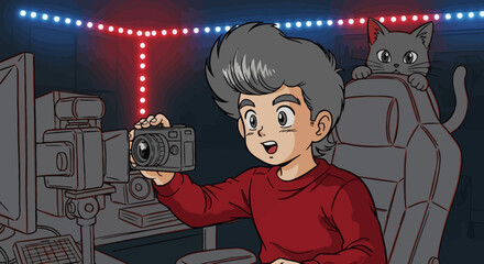 Animated Boy Taking Photo with Retro Camera and Cat