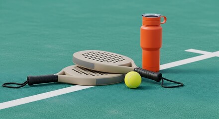 Padel equipment on a court, ready for a game, A closeup of padel rackets, a water bottle and a ball on a green court