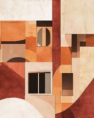 Abstract architectural composition of a deconstructed cubist building rendered in warm terracotta and ochre tones with a textured paper collage effect and fine abstract line art overlays.