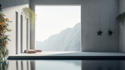 Minimalist Interior with Unique Indoor-Outdoor Plants and Surreal Atmosphere

