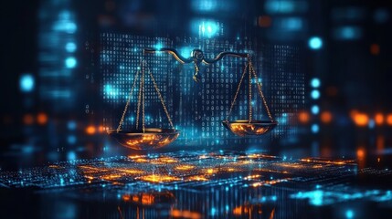 Glowing golden balance scale hovering over a futuristic digital cityscape with blue and orange binary code lights conveying justice and technology fusion