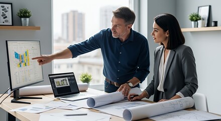 Two architects collaborate on a design project, reviewing data on a computer monitor and blueprints.