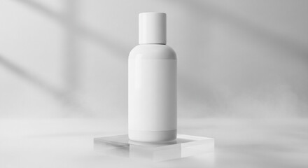 Minimalist White Cosmetic Bottle Mockup on Pedestal with Soft Lighting