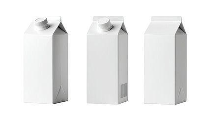 Three blank white carton juice boxes.  Each box displays a distinct angled view, emphasizing its rectangular shape and smooth surface.  The boxes feature a rounded top closure