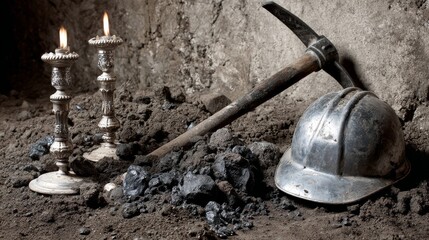 Helmet, coal, and pickaxe lying on the ground with two lit candles, symbolizing the mining industry's danger, tribute, and remembrance for workers in hazardous underground environments.