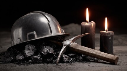 Helmet, coal, and pickaxe lying on the ground with two lit candles, symbolizing the mining industry's danger, tribute, and remembrance for workers in hazardous underground environments.
