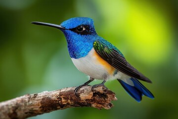 Fototapeta premium A small hummingbird with vibrant blue head, green wings, and white underbelly perched on a branch against a blurred green background