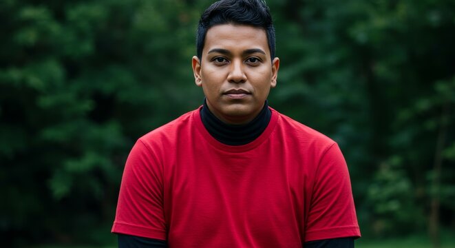 Contemplative portrait of a young asian man in a vibrant red shirt standing outdoors