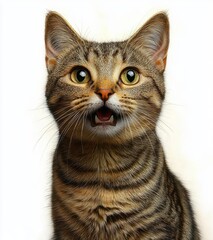 Obraz premium Close-up of a surprised brown tabby cat with wide eyes and mouth slightly open against a plain white background