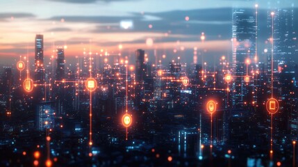 Fototapeta premium Futuristic cityscape at dusk with glowing orange digital network icons floating above skyscrapers, symbolizing connectivity and advanced technology integration