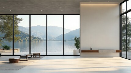 Minimalist modern interior with large floor-to-ceiling windows overlooking calm lake and distant mountain landscape in soft natural light