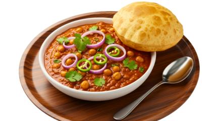 Indian chole bhature served in a bowl with garnish
