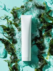 White cosmetic tube surrounded by seaweed and foam on turquoise background, evoking fresh and natural skincare theme