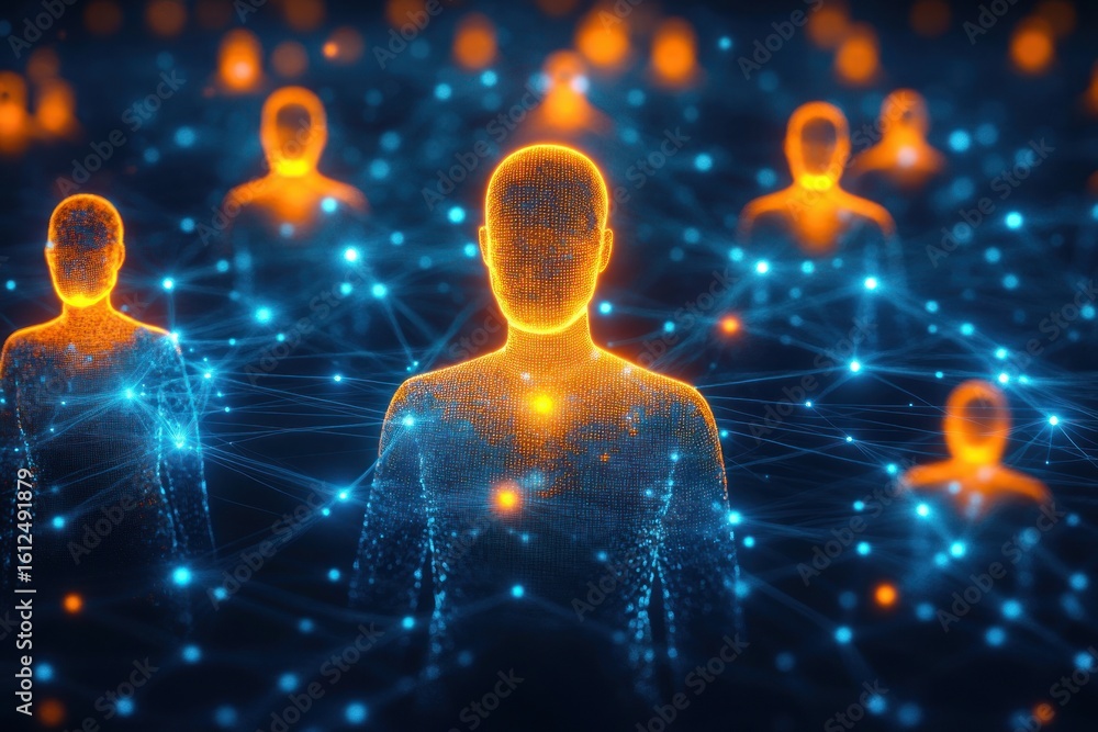 Aufkleber digital human figures interconnected by glowing blue network lines with orange illuminated heads sym