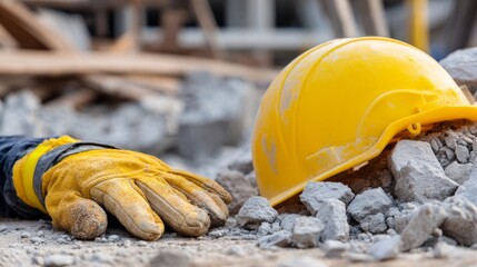 Injured construction worker’s gloved arm and yellow safety helmet lying on rubble and debris, highlighting danger, emergency, injury risk, and the importance of workplace safety and protection