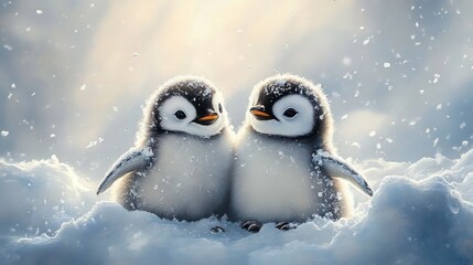 Obraz premium Two adorable baby penguins sitting close together in snowy environment with snowflakes falling around them, showing warmth and companionship