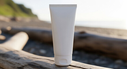 White Cosmetic Tube Mockup on Natural Beach Background