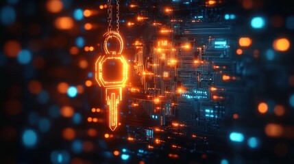 glowing digital key hovering next to a complex circuit board symbolizing cybersecurity and data encryption in a futuristic setting