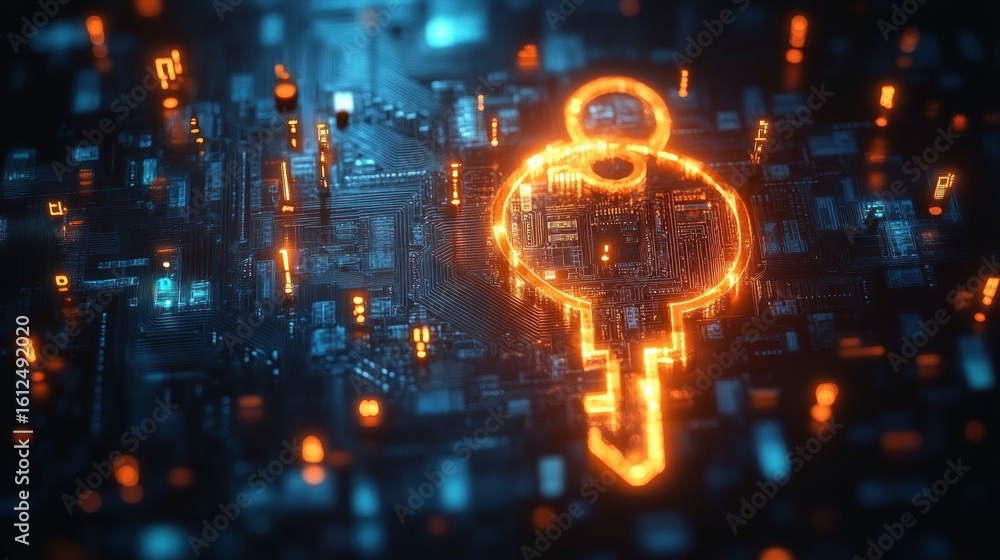 Poster glowing orange key shape embedded in a futuristic dark circuit board illuminated with blue and orang