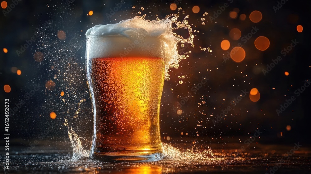 Poster close-up of a glass filled with amber beer with foam overflowing and splashing against a dark backgr