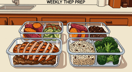 Cartoon Weekly Meal Prep: Chicken, Sweet Potatoes, Broccoli, Rice, and Cucumbers