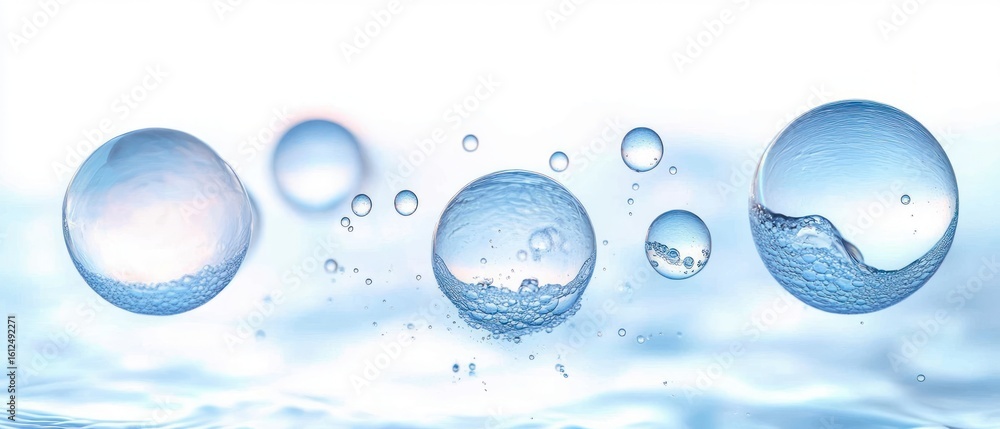 Poster close-up view of several floating transparent water bubbles with reflections and distortions against