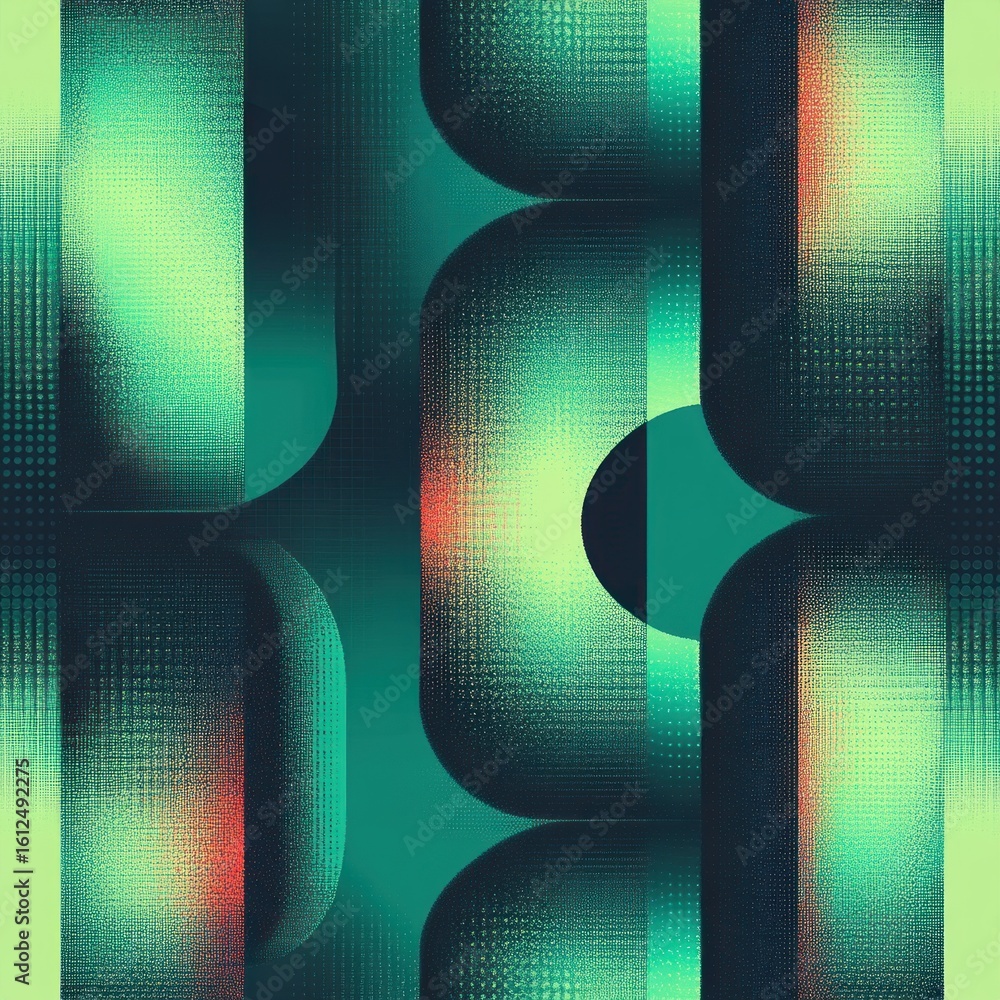 Poster abstract digital composition featuring overlapping rounded shapes in green, teal, and orange hues wi