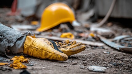 Injured construction worker’s gloved arm and yellow safety helmet lying on rubble and debris, highlighting danger, emergency, injury risk, and the importance of workplace safety and protection