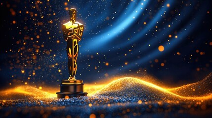 Golden trophy statue standing on sparkling dynamic surface with glowing particles and abstract blue and orange light trails in background