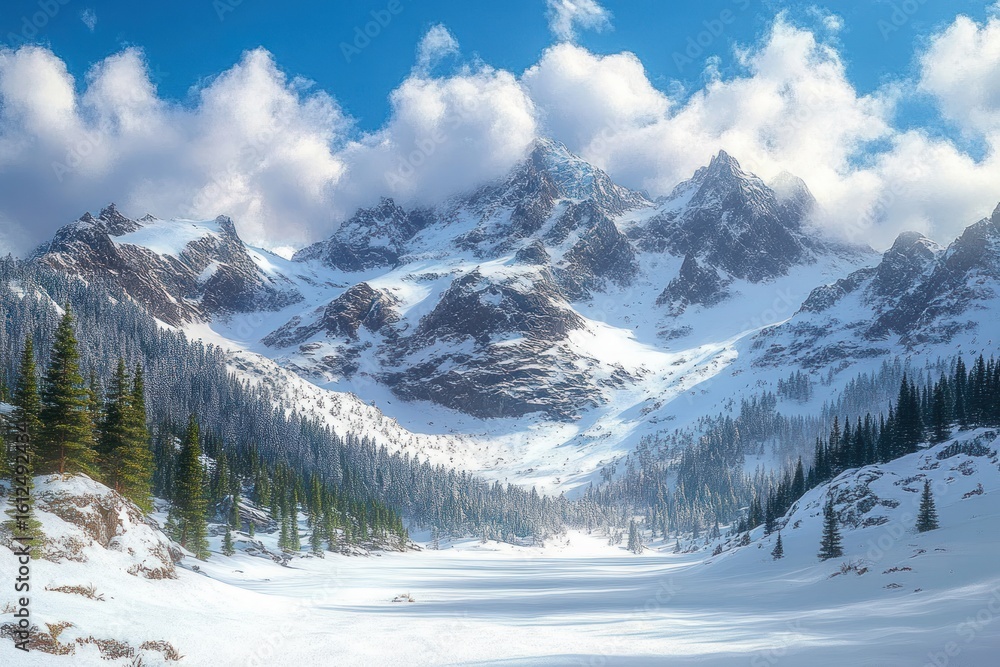 Aufkleber snow-covered mountain range with pine trees at the base under a blue sky with scattered clouds on a 