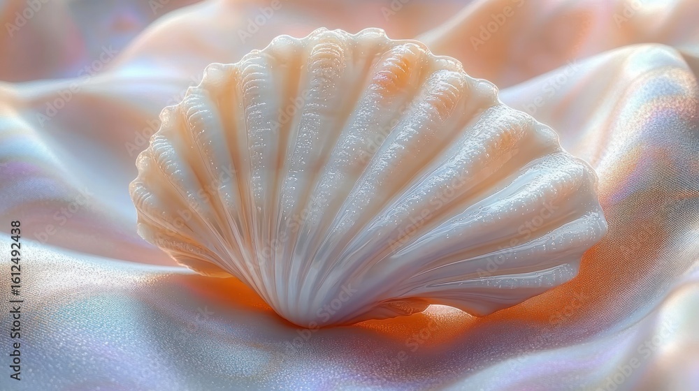 Aufkleber close-up of a delicate pale seashell resting on iridescent silky fabric with soft, warm lighting cre